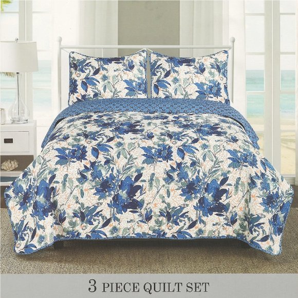 Botanical Print Quilted Bedspread Set - Full/Queen & King Size - 3-PC Set - Picture 2 of 2